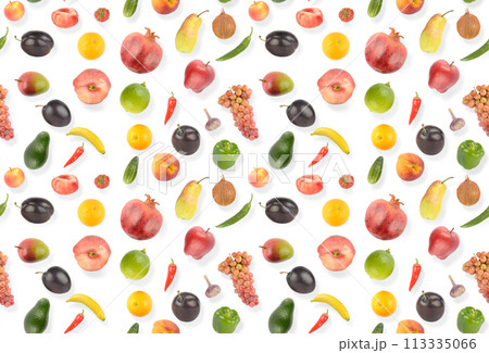 Seamless pattern bright appetizing fruits and vegetables with light shadow Seamless pattern bright appetizing fruits and vegetables with light shadow 113335066