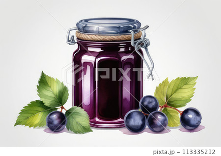 Glass jar of black currant jam or marmalade and fresh berries black currant on white background. 113335212