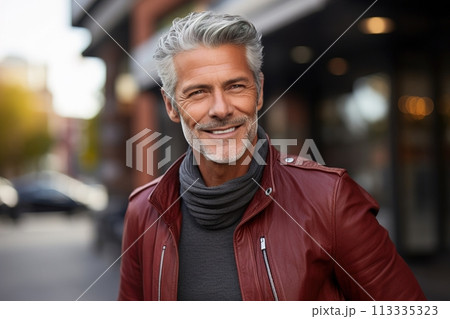 A man in a red jacket and scarf is smiling 113335323