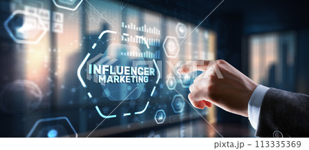 Influencer marketing concept. Promotion of goods or services through influencers 113335369
