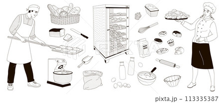 Smiling male and female baker in uniform and set elements about baking - bread, flour, electric bread oven, eggs, milk, croissant, donuts, baked goods, dough mixer, bowls, black and white linear vecto 113335387