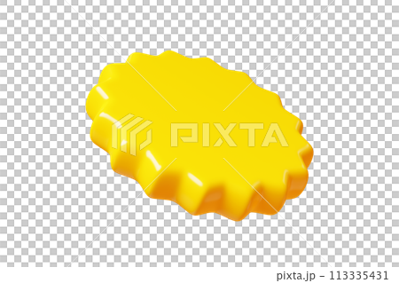 Yellow round starburst sticker floating in air. 3D render illustration circle sale banner and text box for promotion and discount sign. Flying in different angles sunburst badge icon. 113335431