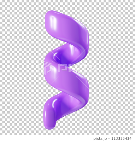 Birthday party popper purple confetti streamer element. 3d render illustration. Surprise or winner congratulation serpentine ribbons. Fly and float party decor after explosion of firecracker. 113335434