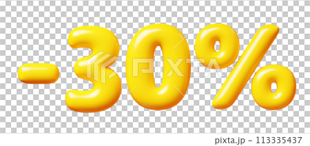 Balloon number minus thirty percent sign for sale concept. 3d render illustration of yellow plastic glossy discount typography -30. Cartoon bubble element percentage off for special offer promotion. 113335437