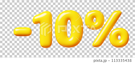Balloon number minus ten percent sign for sale concept. 3d render illustration of yellow plastic glossy discount typography -10. Cartoon bubble element percentage off for special offer promotion. Balloon number minus ten percent sign for sale concept. 3d render illustration of yellow plastic glossy discount typography -10. Cartoon bubble element percentage off for special offer promotion. 113335438