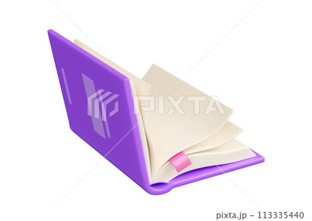 Open book 3d render illustration. Opening literature with purple hardcover, empty white paper pages and pink bookmark for reading hobby and education concept. Bookstore and library element. 113335440