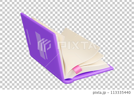 Open book 3d render illustration. Opening literature with purple hardcover, empty white paper pages and pink bookmark for reading hobby and education concept. Bookstore and library element. 113335440