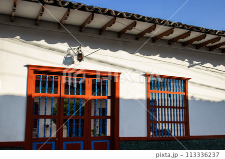 Beautiful facade of the houses at the historical downtown of the heritage town of Salamina located at the Caldas department in Colombia. 113336237