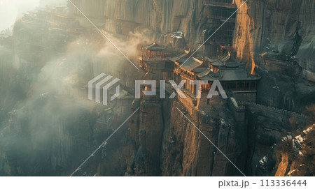 Misty morning reveals Shanxi's cliff-hanging temple, merging architecture with the natural landscape 113336444