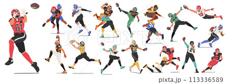 Rugby Player Characters Charge Across The Field, Tackling Fiercely, Sprinting And Skillfully Passing The Ball Vector Set 113336589