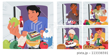 People Inside Fridge Rummaging For Food, Light Flickering, Cold Air Swirling. Hands Reaching Searching For Snacks 113336591