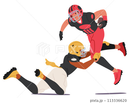 Dynamic Display Of Athleticism with Rugby Player Leaps Into The Air, Muscles Tensed, Eyes Fiercely Focused On The Ball 113336620