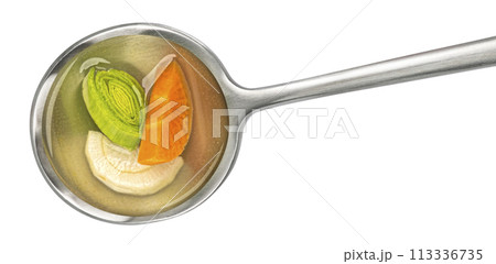 Spoon of vegetable broth isolated on white background, top view, full depth of field 113336735