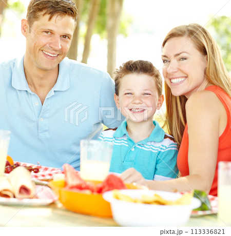 Enjoying a family lunch. A happy young family relaxing in the park and enjoying a healthy picnic. Enjoying a family lunch. A happy young family relaxing in the park and enjoying a healthy picnic. 113336821