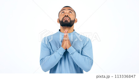 Worship, prayer and man praying in studio for thank you, faith or help on white background. Jesus Christ, hope and male model in prayer, trust or praise, gratitude or guidance, holy or gospel peace Worship, prayer and man praying in studio for thank you, faith or help on white background. Jesus Christ, hope and male model in prayer, trust or praise, gratitude or guidance, holy or gospel peace 113336847