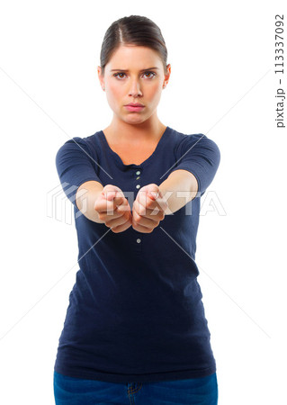 Woman, arms together and portrait for handcuff, criminal and guilty for arrested, crime and illegal. Young person with scared facial expression for surrender, corrupt and prisoner on white backdrop Woman, arms together and portrait for handcuff, criminal and guilty for arrested, crime and illegal. Young person with scared facial expression for surrender, corrupt and prisoner on white backdrop 113337092
