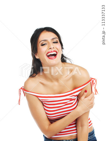 Woman, portrait and laughter in studio for fun, humor and comedy with makeup and fashion on white background. Person, face and happiness with comic expression, carefree and freedom for joke or news Woman, portrait and laughter in studio for fun, humor and comedy with makeup and fashion on white background. Person, face and happiness with comic expression, carefree and freedom for joke or news 113337133