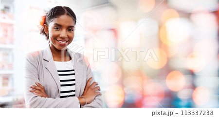 Black woman, arms crossed and smile portrait with compliance consultant at work with mockup space. Confidence, female entrepreneur and professional from New York happy from startup with office bokeh 113337238