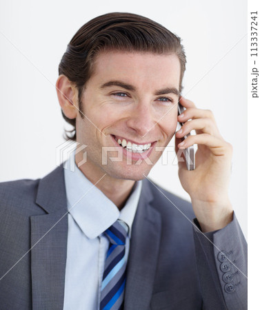 Businessman, smile and phone call for communication in studio with mockup, white background and closeup. Male consultant, talking and mobile with excited expression by cellular, network or internet 113337241