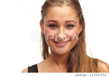 Face, beauty and woman with smile in studio on white background for natural, soft and makeup look. Closeup, female person and happy with cosmetics for glow, smooth skin and self care with confidence Face, beauty and woman with smile in studio on white background for natural, soft and makeup look. Closeup, female person and happy with cosmetics for glow, smooth skin and self care with confidence 113337251