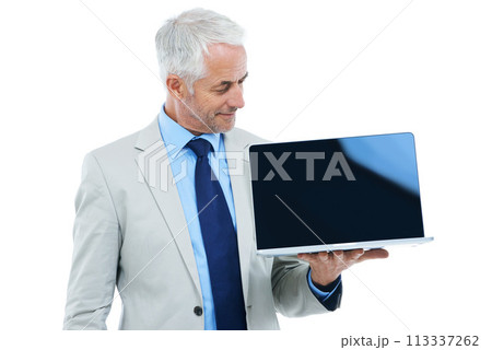 Manager, businessman and laptop screen in studio isolated on a white background mockup space. CEO, senior and professional with computer display, advertising and show promotion information on tech Manager, businessman and laptop screen in studio isolated on a white background mockup space. CEO, senior and professional with computer display, advertising and show promotion information on tech 113337262