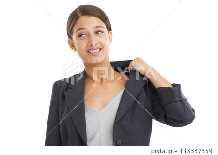 Anxiety, thinking and business woman on a white background for problem solving, ideas and brainstorming. Professional, corporate and isolated person sweating with worry, stress and nervous in studio Anxiety, thinking and business woman on a white background for problem solving, ideas and brainstorming. Professional, corporate and isolated person sweating with worry, stress and nervous in studio 113337359