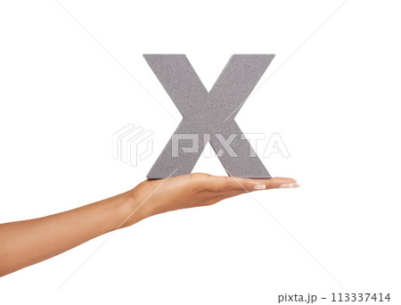 Woman, hand and x letter or alphabet in studio for marketing, learning or teaching on mock up. Sign, font or character for marketing, text or communication and grammar or symbol on white background 113337414