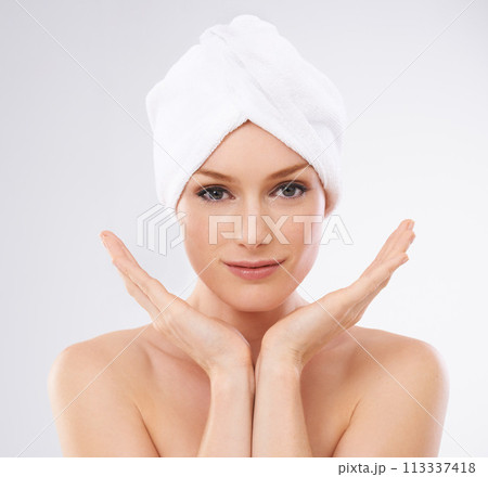 Face, skincare and portrait of woman with confidence from beauty and healthy dermatology in studio background. Girl, model and glow or shine on skin from facial, cosmetics or benefits of detox 113337418