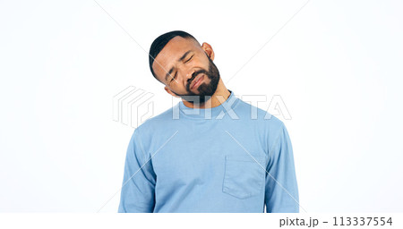 Stress, neck pain and young man in studio with headache, injury or accident for muscle sprain. Sick, migraine and person from Colombia with burnout, brain fog and anxiety isolated by white background Stress, neck pain and young man in studio with headache, injury or accident for muscle sprain. Sick, migraine and person from Colombia with burnout, brain fog and anxiety isolated by white background 113337554