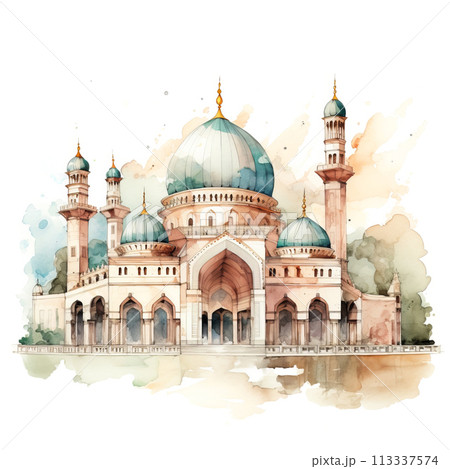 Watercolor Islamic Mosque, Suitable for Eid Mubarak greetings and Ramadan Kareem 113337574