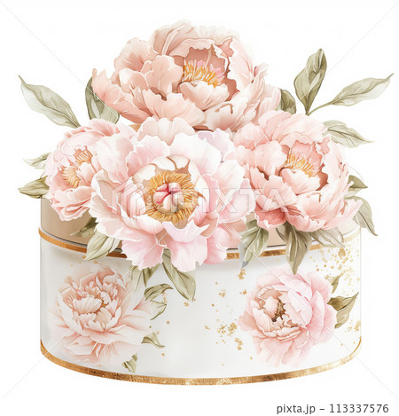 Watercolor hatbox with light pink peonies 113337576