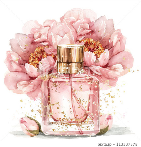 Watercolor parfume elegant bottle and spring peonies 113337578