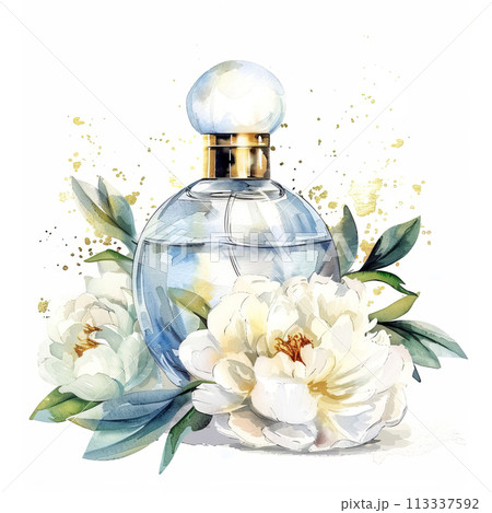 Watercolor parfume elegant bottle and spring peonies 113337592