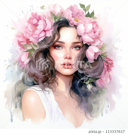 Beautiful woman with flowers wreath on the head, watercolor on white background 113337637
