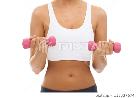 Fitness, hands and woman in studio with dumbbell for workout, muscle training and body building. Healthy exercise, power and commitment to improvement, strong girl weight lifting on white background. 113337674