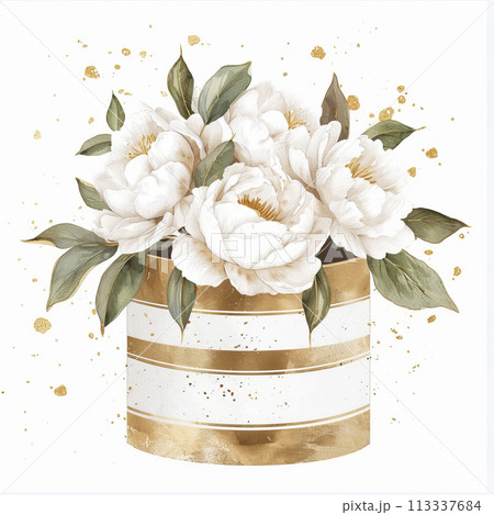 Watercolor hatbox with white peonies on white background 113337684