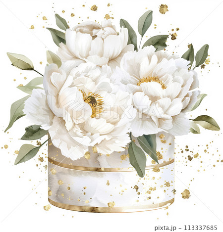 Watercolor hatbox with white peonies on white background 113337685
