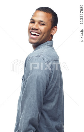 Happy man, portrait and laughing with fashion for style, denim or casual clothing on a white studio background. Excited male person, friendly hipster or young model with funny smile in stylish outfit Happy man, portrait and laughing with fashion for style, denim or casual clothing on a white studio background. Excited male person, friendly hipster or young model with funny smile in stylish outfit 113337689
