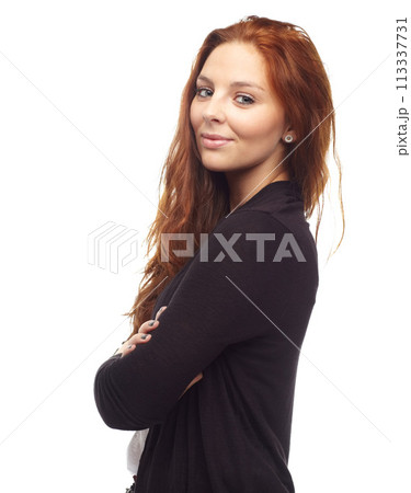 Fashion, woman or portrait with arms crossed in studio for happiness, casual style and pride on white background. Young person, face and smile with good mood, proud and joy with positive mindset 113337731