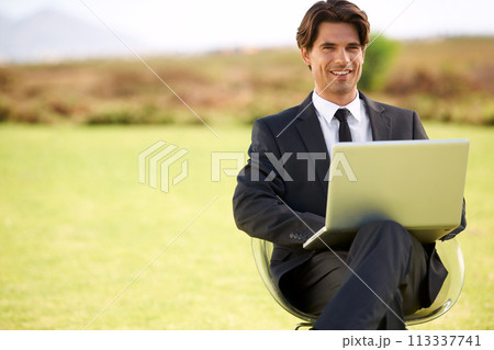 Portrait, laptop and businessman on chair in nature, typing email online on pc or remote work outdoor on mockup space. Computer, smile or professional lawyer in countryside on technology to freelance Portrait, laptop and businessman on chair in nature, typing email online on pc or remote work outdoor on mockup space. Computer, smile or professional lawyer in countryside on technology to freelance 113337741