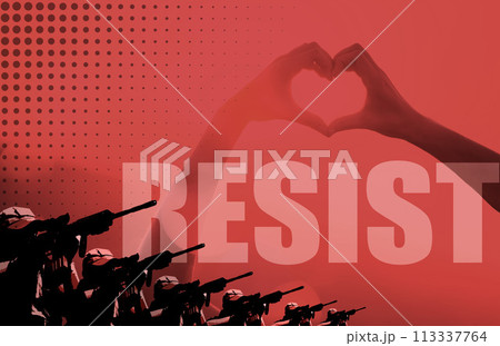 Poster for love in war, heart hands in protest to resist military propaganda and graphic on red background. Peace, solidarity and hand sign for hope in revolution to stop violence, crisis or conflict 113337764