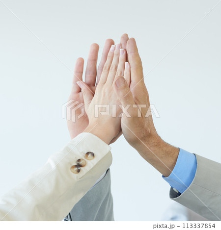 High five, success and hands of people with celebration of achievement and support for teamwork. Business, collaboration and team building gesture for cooperation, solidarity and pride for winning 113337854