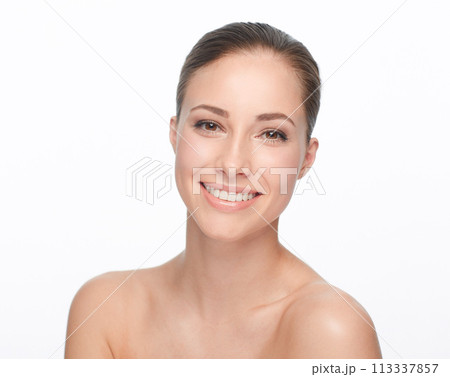 Woman, skincare or studio for shine portrait beauty or cosmetic peel, glow or smile. Model face, clean natural detox or facial exfoliate wellness results, collagen shine hydration on white background 113337857