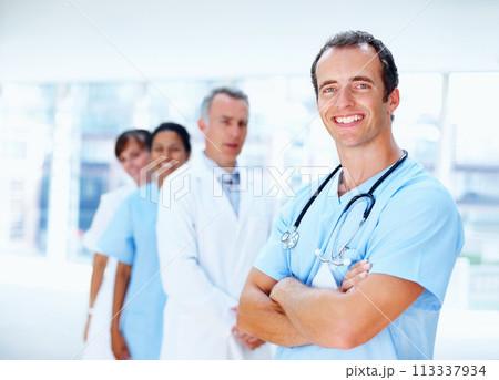 Doctors, man and arms crossed in group in clinic with staff, leader or team for healthcare services. Medic, portrait and solidarity for diversity for inclusion, women or nurses in support at hospital Doctors, man and arms crossed in group in clinic with staff, leader or team for healthcare services. Medic, portrait and solidarity for diversity for inclusion, women or nurses in support at hospital 113337934