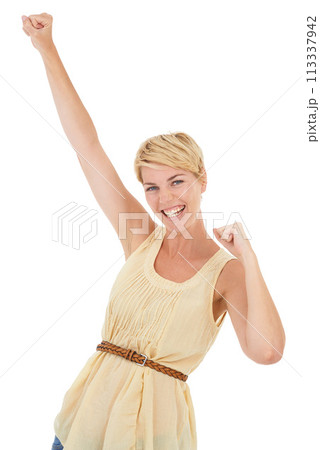 Happy woman, portrait and fist pump for winning, good news or celebration on a white studio background. Young female person, model or blonde smile for achievement, promotion or deal on mockup space 113337942
