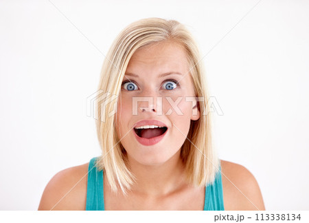 Wow, shock and surprise, portrait of woman with fake news or announcement of discount sale in studio. Person with confused face, emoji or meme for gossip drama with girl isolated on white background. 113338134