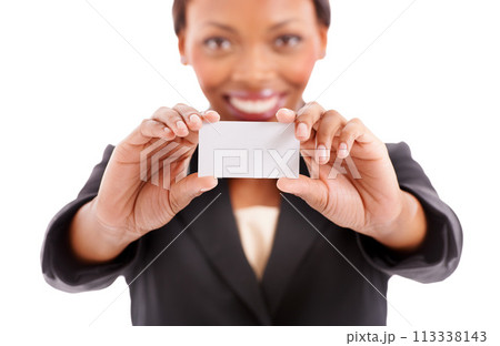 Business card, face and woman in mockup or space for agent contact information or marketing in studio. Portrait of consultant or employee presentation for advice or help on a white background 113338143