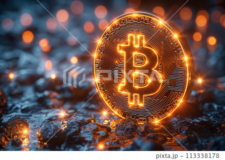Bitcoin symbol neon light glow 113338178