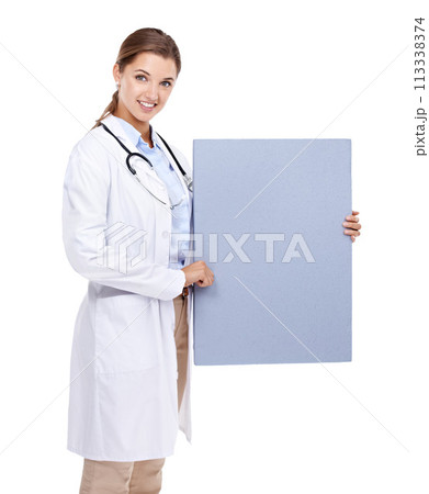 Sign, poster and happy portrait of doctor in white background, studio and mock up space. Medical, information and woman with board, presentation and paper for news in healthcare, hospital or clinic 113338374