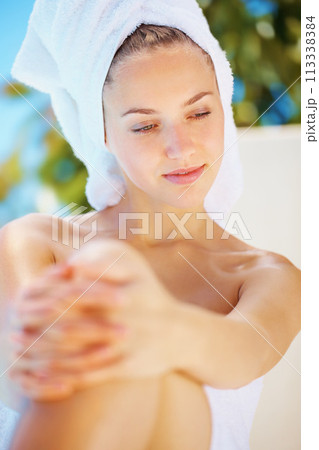 Skin care, thinking and woman with towel for epilation, hair removal or shave treatment for hygiene. Beauty, clean and young female person from Canada with wax, laser or depilation routine for health 113338384